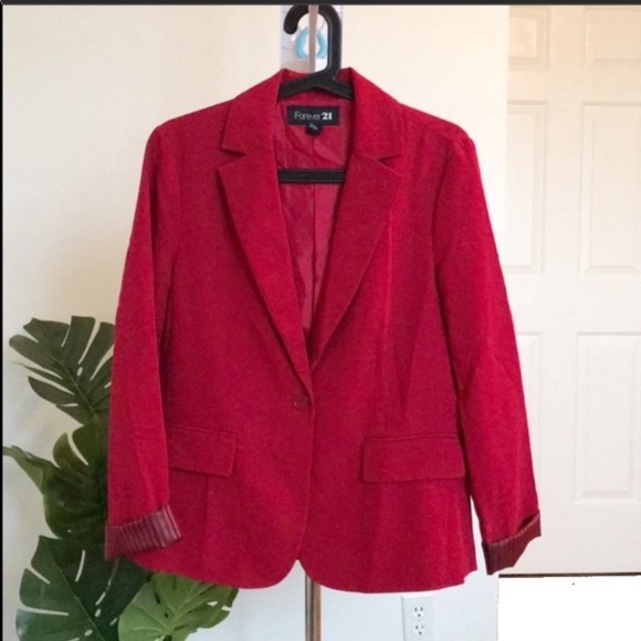 Forever 21 Jackets & Blazers - FOREVER 21 (L) Red Blazer w/ striped cuffs EUC!!